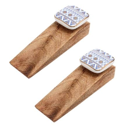 2 Pieces Blue Border Design Square Ceramic Wooden Door Stoper